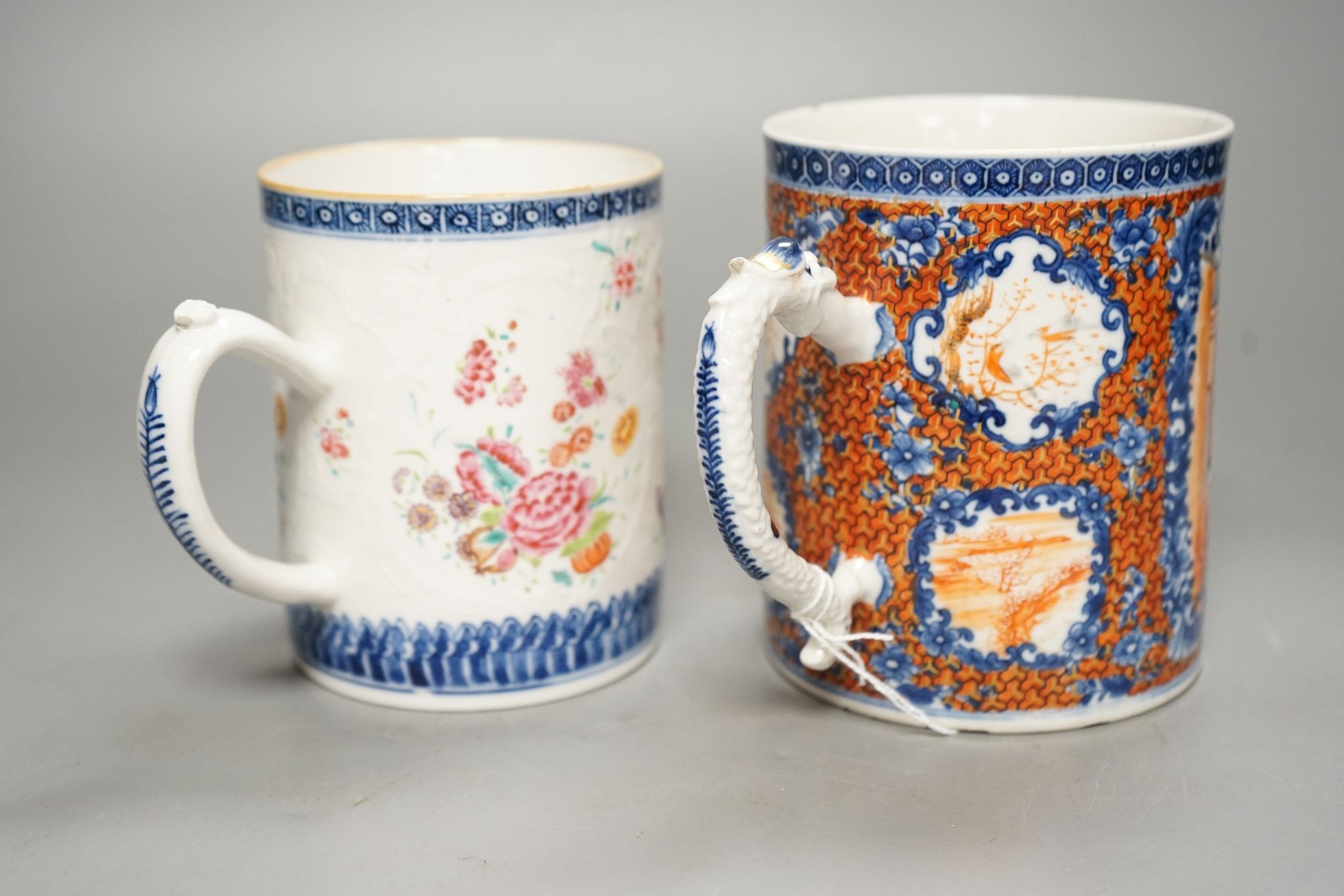 Two 18th century Chinese export famille rose mugs 13cm